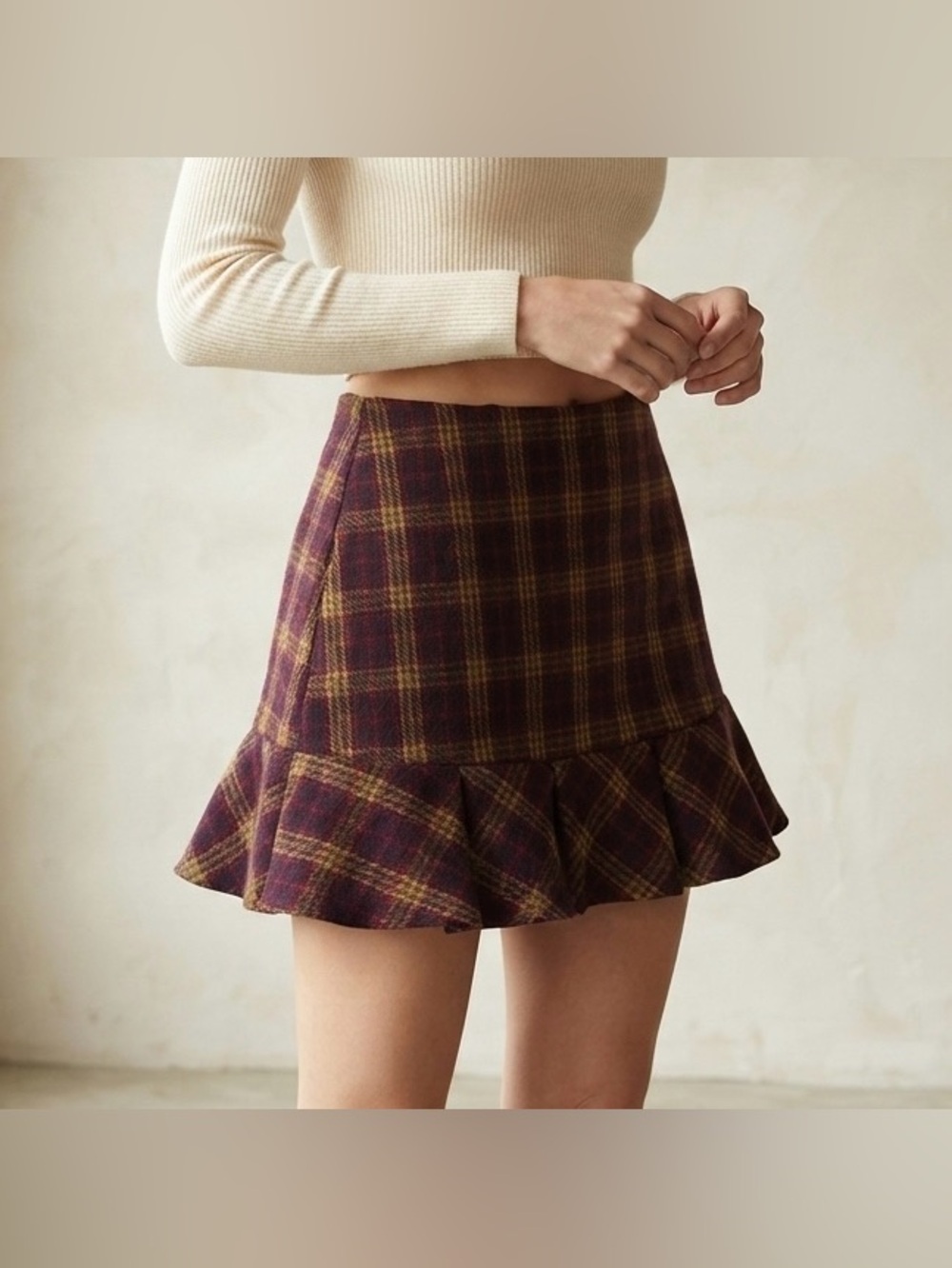 Kirious Los Angeles Y2K Plaid Wool Blend Ruffle Hem Mini Skirt Size Medium